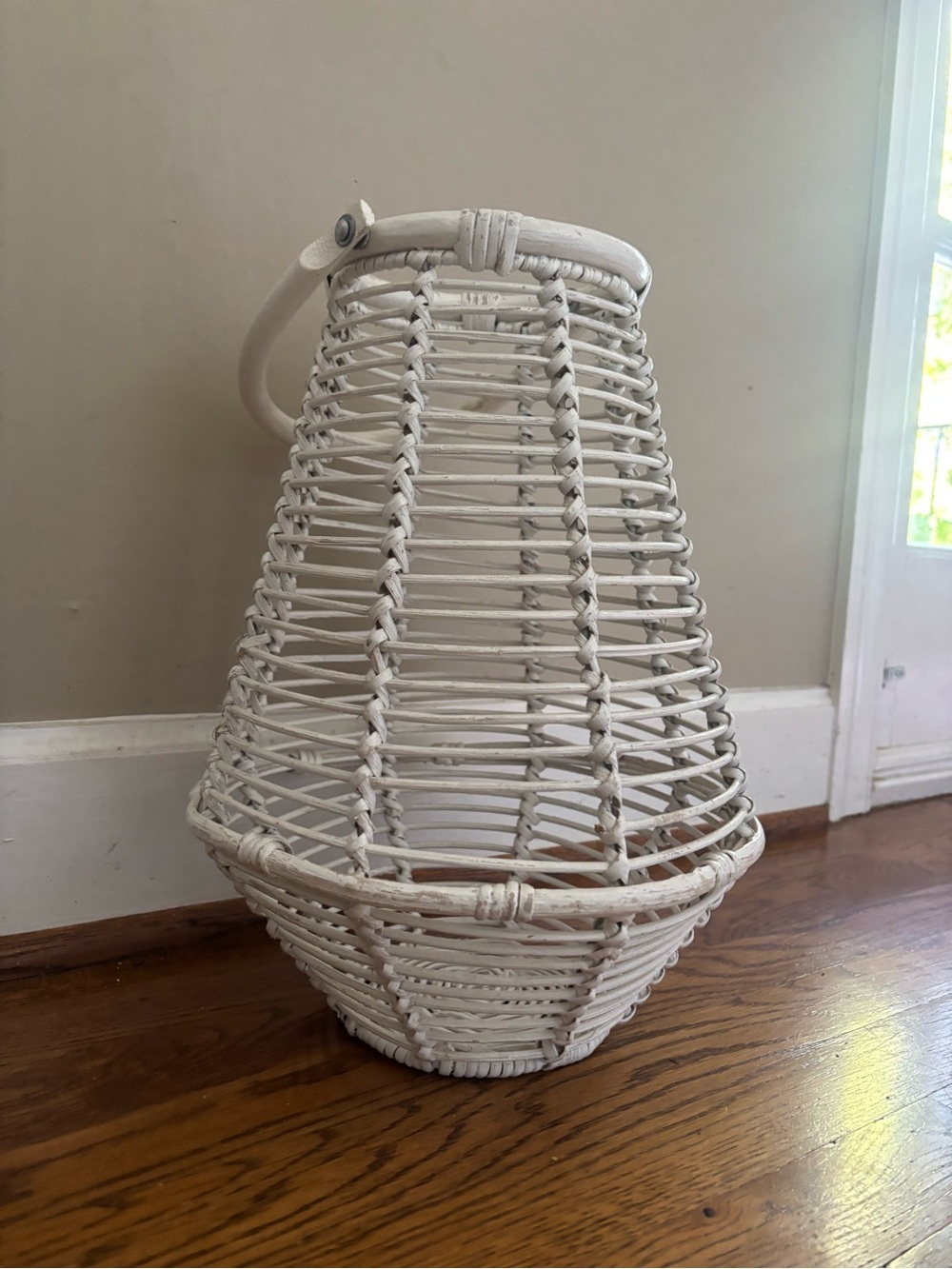 Vintage MCM White Wicker Rattan Hanging Lantern Basket 17”x11” Geometric